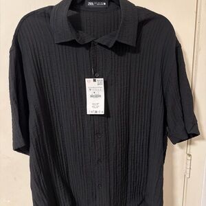 Zara Men's Textured Black Button Down Shirt
